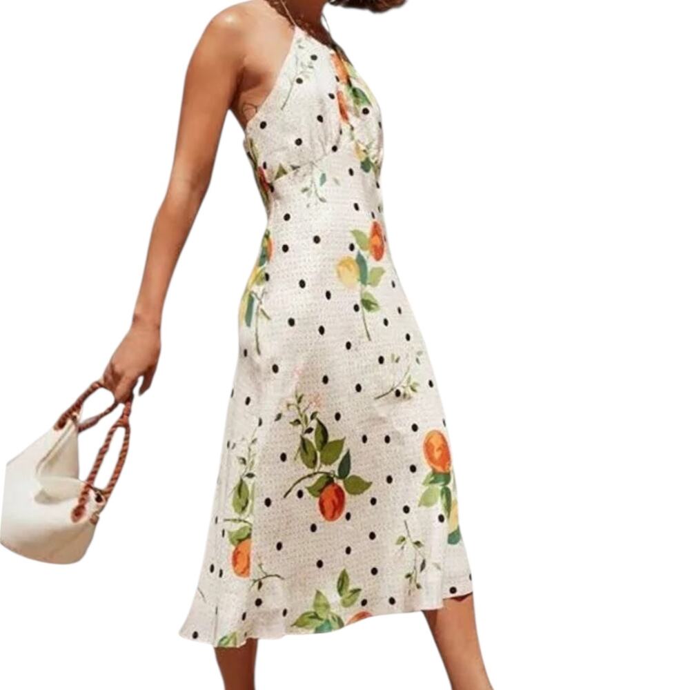 Vintage Laundry Silk Halter Slip Dress Citrus Print Polka Dot Midi 2 Lemons
